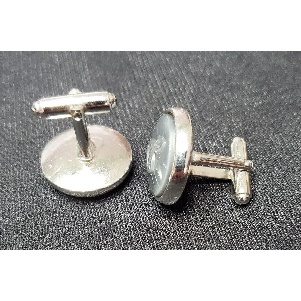 Vintage Anson Silver Tone Gray Blue Thermoset Treble Clef Musical Note Cufflinks